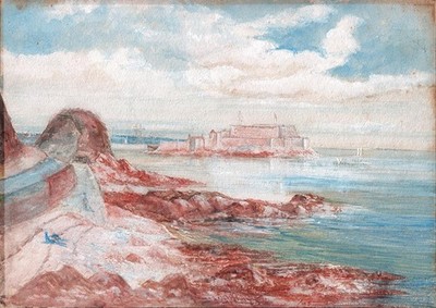 Schloss Kornett aus La Vallette Guernsey - Aquarell Gemälde - 19. Jahrhundert