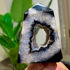 106G Natural black agate crystal geode quartz column spirit energy healing