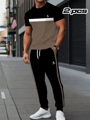 New summer men's trend casual striped short-sleeved shirt and trousers 