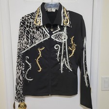 CJ Apparel Horse Show Shirt Womens Large Black Animal Print Metallic Equestrian