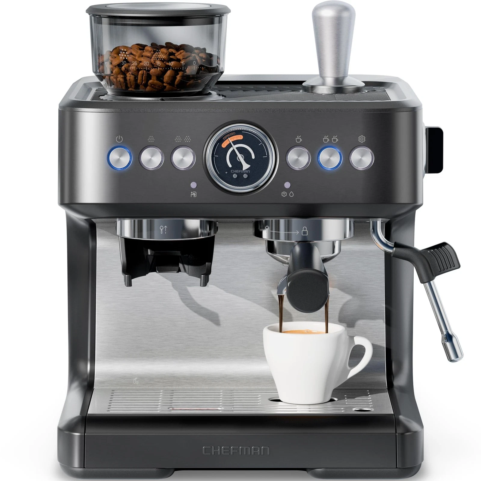 Chefman Crema Deluxe Espresso Machine with Double Steam Wand, 30 Grind Settings