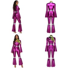 US Women Disco Costume Adult Bodysuit With Green Scarf Jumpsuit Flared Outfits