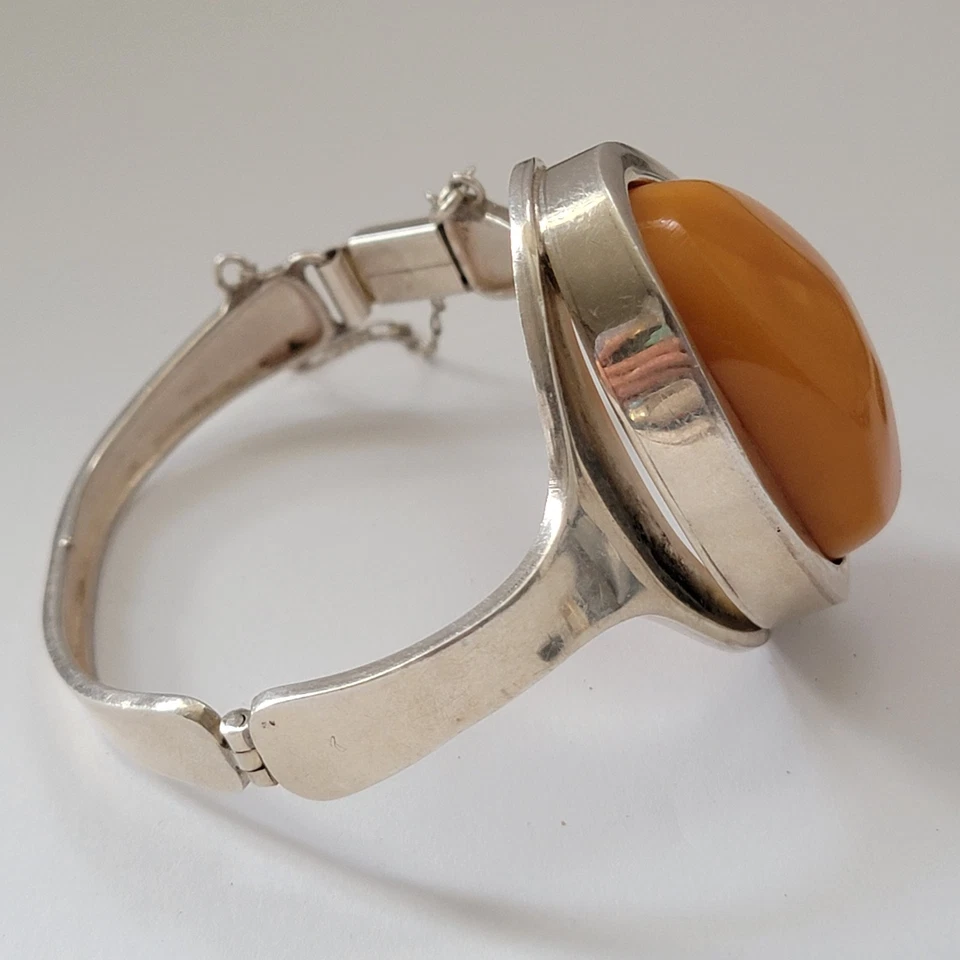 Enorme brazalete artístico de plata esterlina 925 maciza genuino caramelo ámbar báltico 7 pulgadas Foto 2 de 4