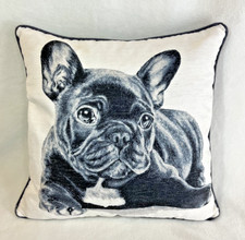 FRENCH BULLDOG THROW PILLOW NAVY WHITE WOVEN PRINT MINIMALIST W/DOWN INSERT 17"