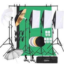 Kshioe Photography Umbrella Lighting Kit Studio 5 Light Bulb 3 Backdrops Stand