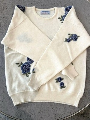 Ballantyne Vintage 80s White Floral Cashmere Cardigan Made in 