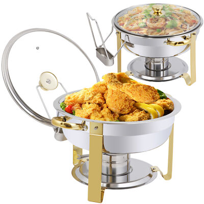 2 Pack 5QT Round Chafing Dishes for Buffet Set w/Glass Lid & Gold Legs for Party