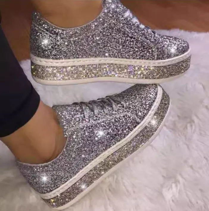 Women's glitter sneakers lace-up rhinestone shiny casual shoes