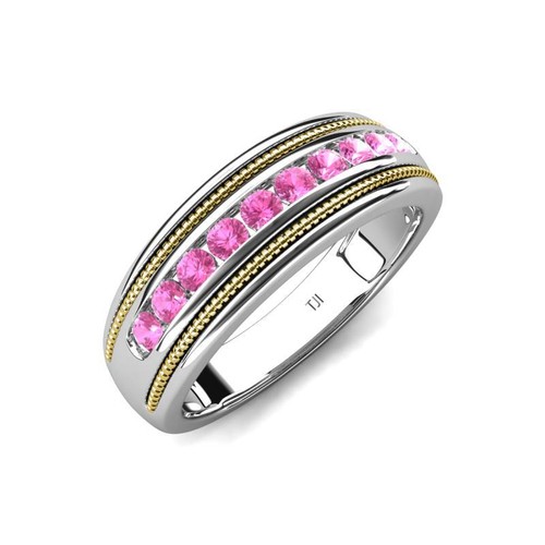 Pink Sapphire 2 Toned & High Polished Edges Men Wedding Band 14K Gold JP:322840 - Picture 4 of 16