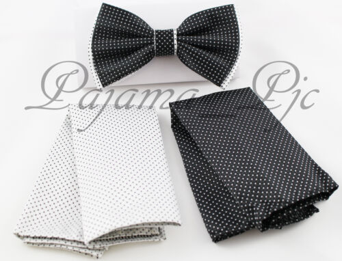 Checker Two Tone Design Men Bowtie or With Hankie Set Black Silver Dot BT2T101-B - Picture 1 of 6