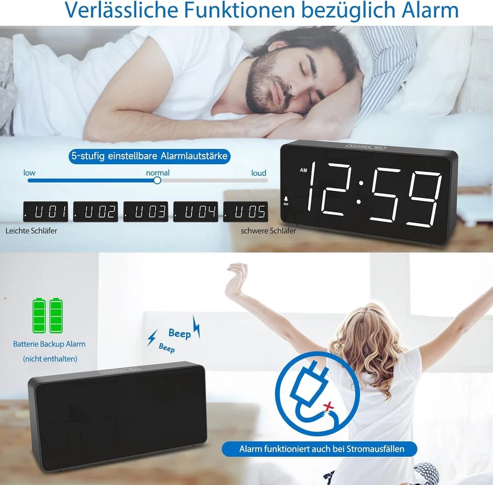 Digital Wecker Kabelgebunden große Zahlen LED Snooze 12/24 Std. Modus C603 - Bild 4 von 4