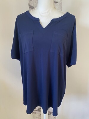 SUSAN GRAVER LIQUID KNIT  NAVY BLUE SPLIT NECK TOP 1X EXCELLENT POCKETS