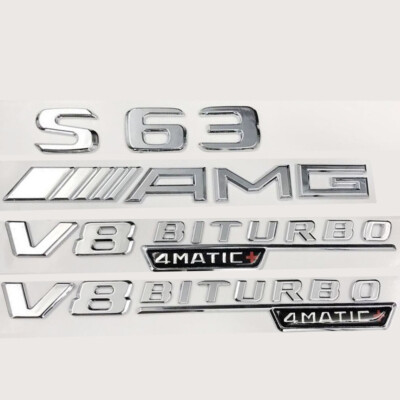 Für Mercedes Benz S63 AMG V8 BITURBO 4MATIC+ Badge Embleme Aufkleber Silber NEW
