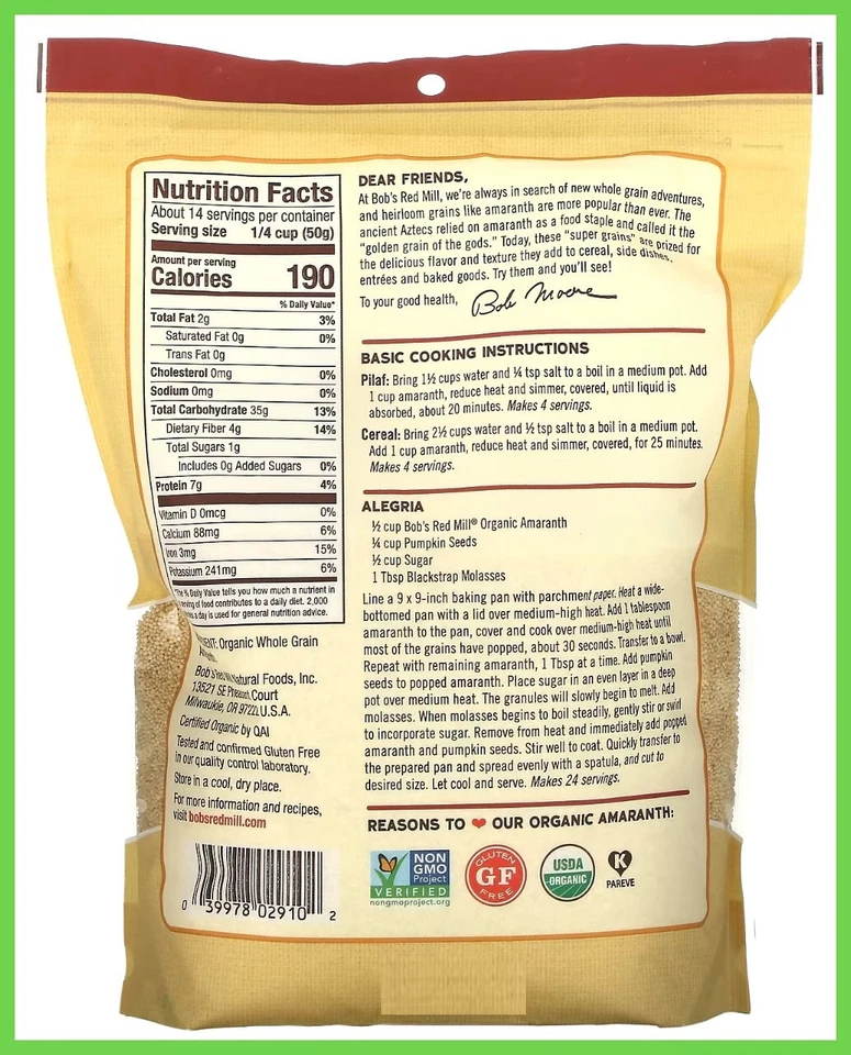 PACK 2 Amaranto Orgánico Bobs Red Mill Bolsa 24 OZ - Sin Gluten - Envío Gratuito Foto 2 de 4