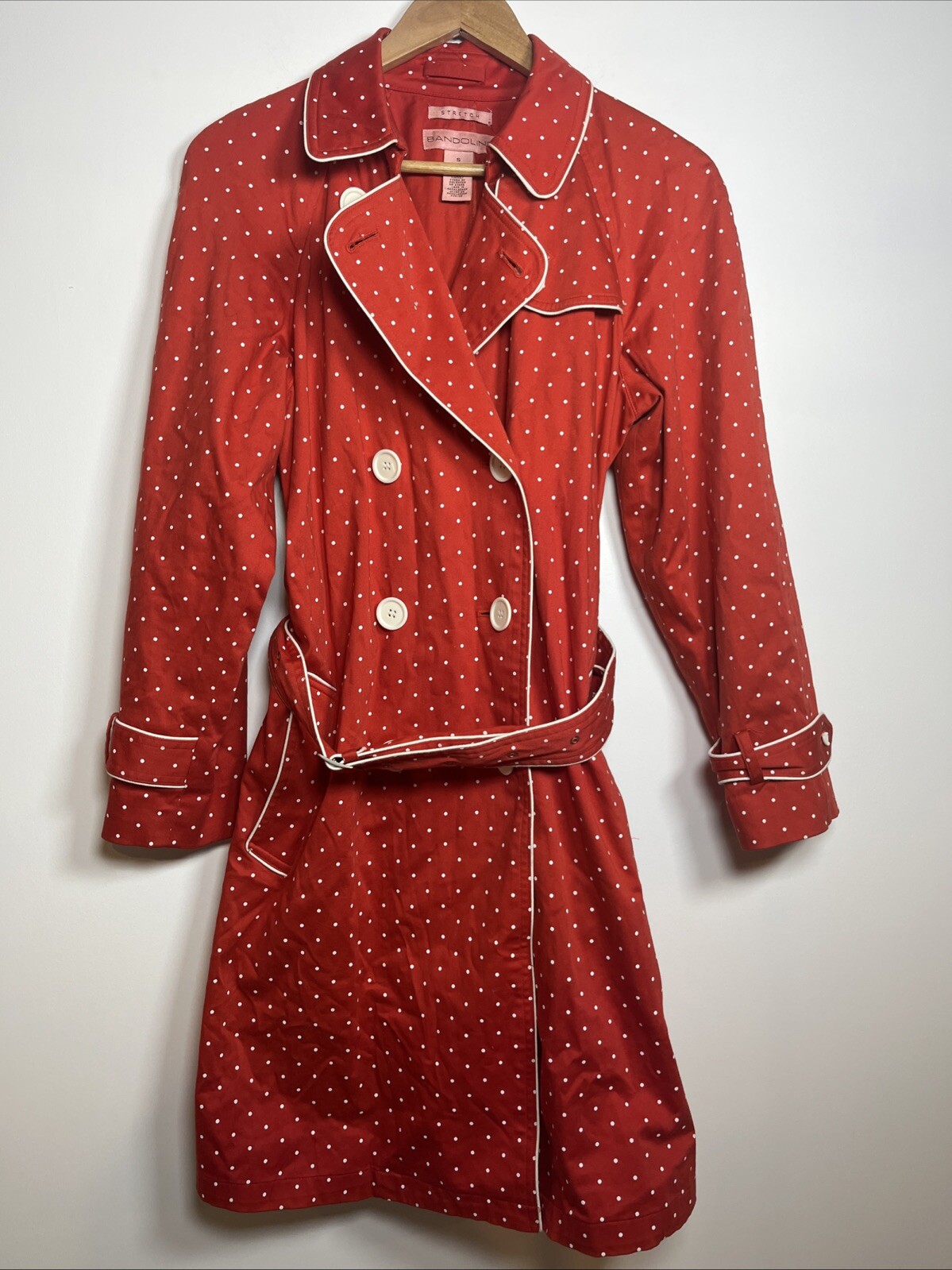 BANDOLINO Stretch Sz S Coat Red White Polka Dot w/Pockets Button Front Belt  EUC