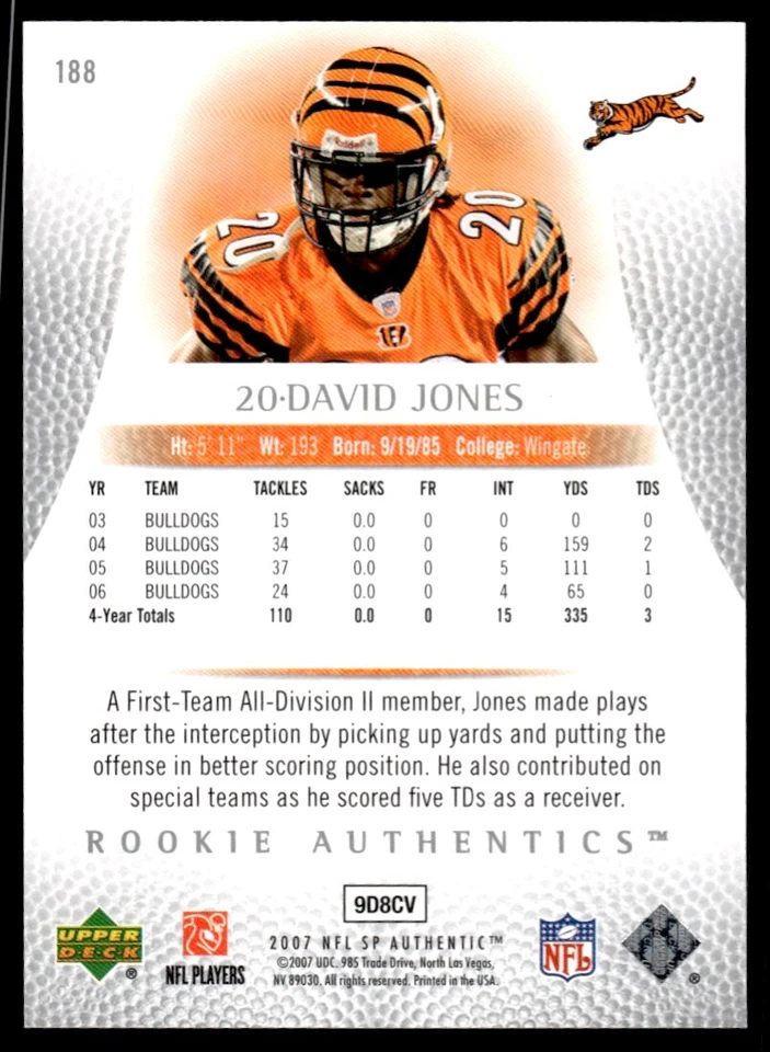 2007 SP Authentic David Jones Rookie 499/999 Cincinnati Bengals #188 R24 - Image 2 of 2