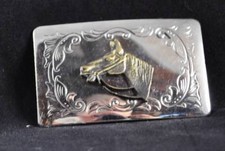 Vintage Belt Buckle Made In USA Silver Tone Brass Horse Filigree Design 3" G18