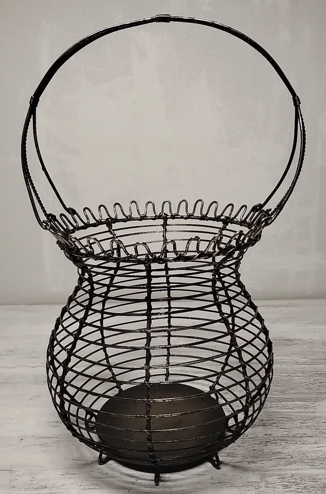 Vintage 16"t Wire Egg Basket 4 Porcelain Eggs & 10 Wood Leather Stemmed Apples - Image 2 of 4