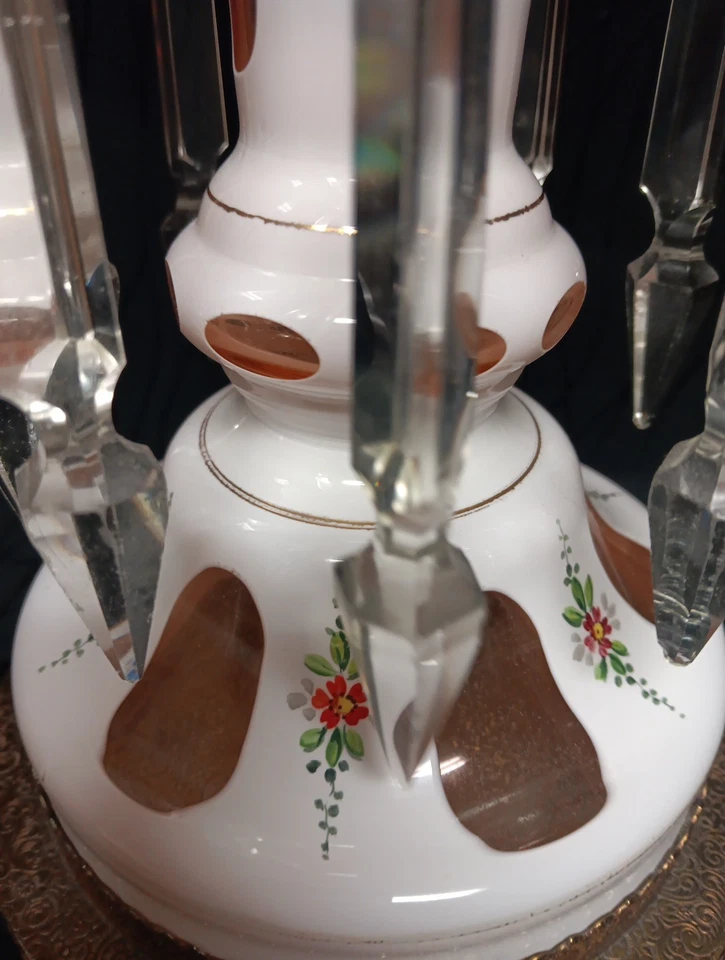 Bohemian Glass White Cut To Peach Mantle Lusters Luster Lamp - Image 2 of 4