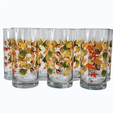 Vtg 1970s Set of 7 Glasses Crisa Libbey Autumn Fall Leaves Acorns Orange Yellow