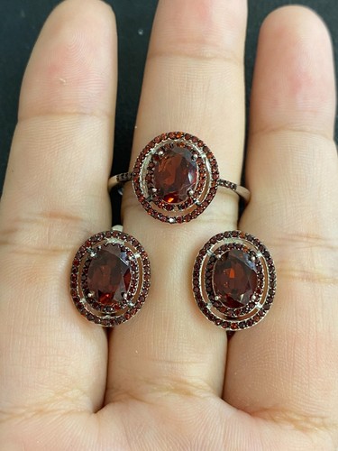 NATURAL GARNET 6X8 GARNET DIAMOND CUT STERLING SILVER 925 RING EARRING - 第 1/13 張圖片