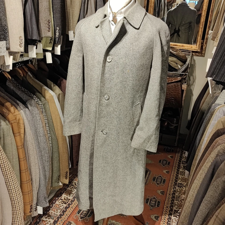 Vintage Mens 40R Tweed Herringbone Pea Over Coat Jacket Harris Style Wool V - Image 4 of 4