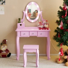 Kids Girls Vanity Table Set Makeup Dressing Table w/ Stool Mirror Xmas Gift