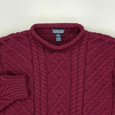 VTG Lands' End Sweater Mens M BERRY Wool Roll Collar Cableknit Fisherman England
