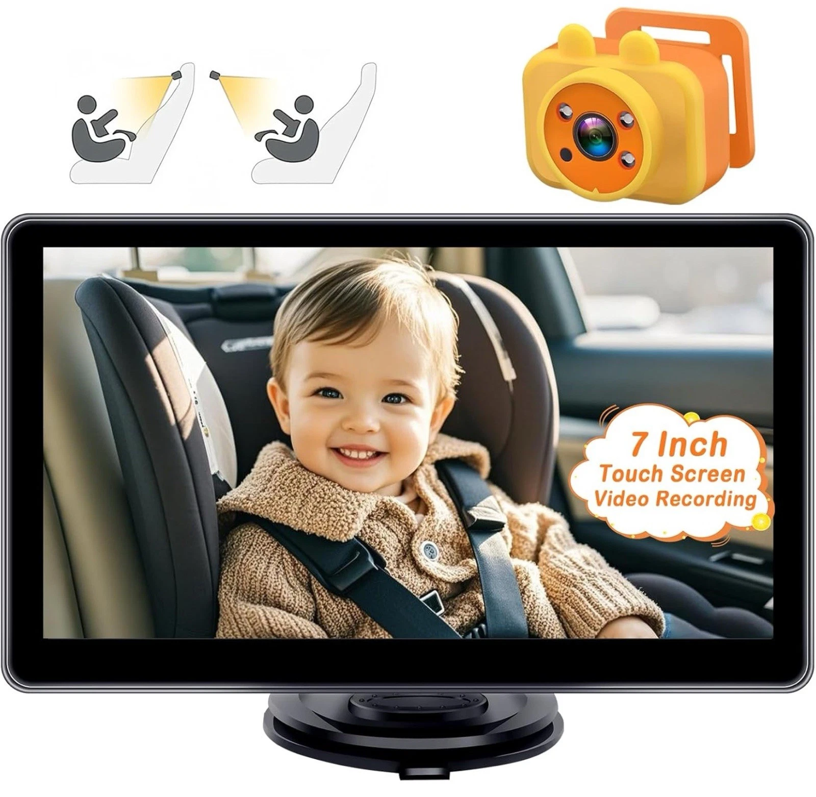 YAKRY 7” Baby Car Camera Kit - Touchscreen 1080P HD, 3X Zoom, Night Vision