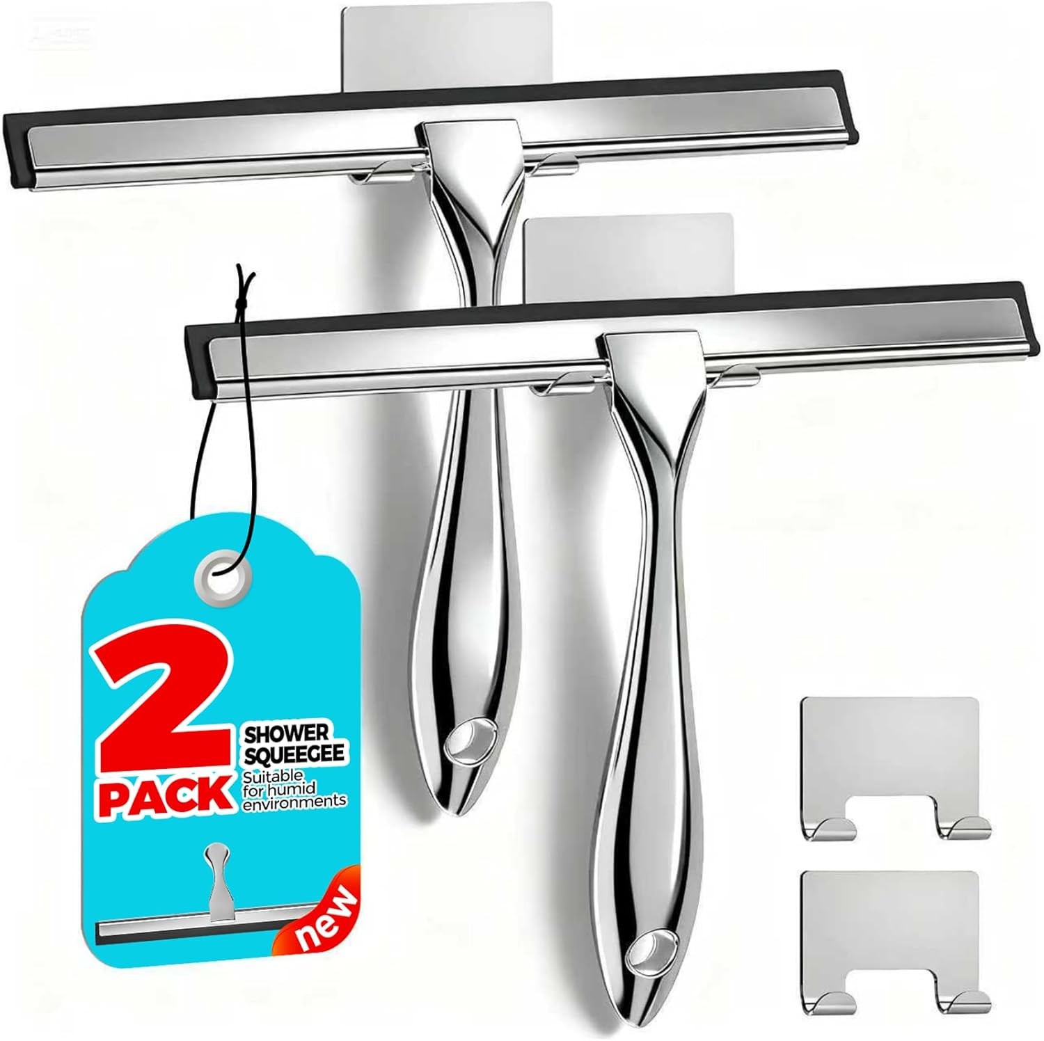 2PACK Shower Squeegee for Glass Doors, 10 Inch, Silver