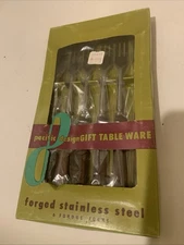 MCM NOS Pacific Design 9.5"  Stainless Forks Teak Handles FONDUE Japan Set 6 VTG