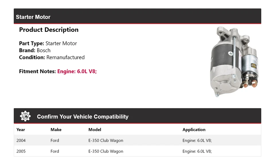 Arranque Bosch V8 6,0 L para Ford E-350 Club Wagon 2004-2005 (remanufacturado) Foto 2 de 4