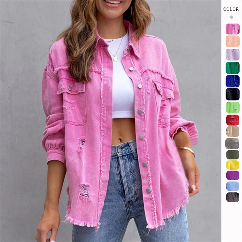 Women's Denim Jacket Casual Long Boyfriend Distresse Jean Jacket Autumn Spring