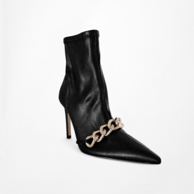 Zara Black Faux Leather Gold Chain Pointy Toe Stiletto Bootie