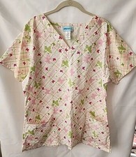 UNIFORM DESTINATION Scrub Top Sz XL Butterflies Pink Green on White/ Cream