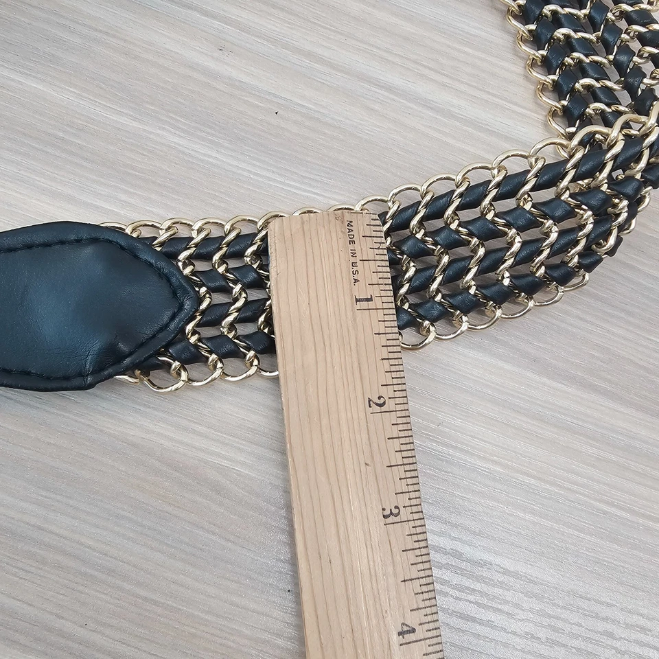 Cinto de tecido vintage dourado feminino pequeno preto anos 90 rocker punk couro falso - Imagem 3 de 4