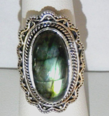 RING handgefertigter Labradorit Sterlingsilber, länglich, 10,81 cts Größe 7