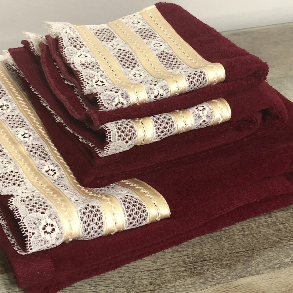 Винтажный MARTEX 3 шт. полотенце комплект бордовый кружевной 1 ванна 1 рука 1 мочалка - Изображение 3 из 4
