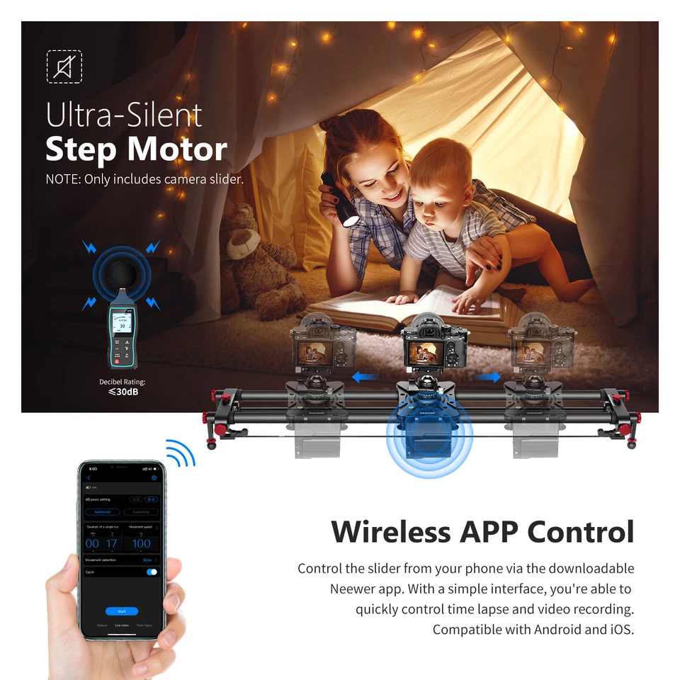 NEEWER 39.4"" Aplicación de cámara motorizada Control inalámbrico Fibra de carbono Deslizante panorámico Foto 2 de 4