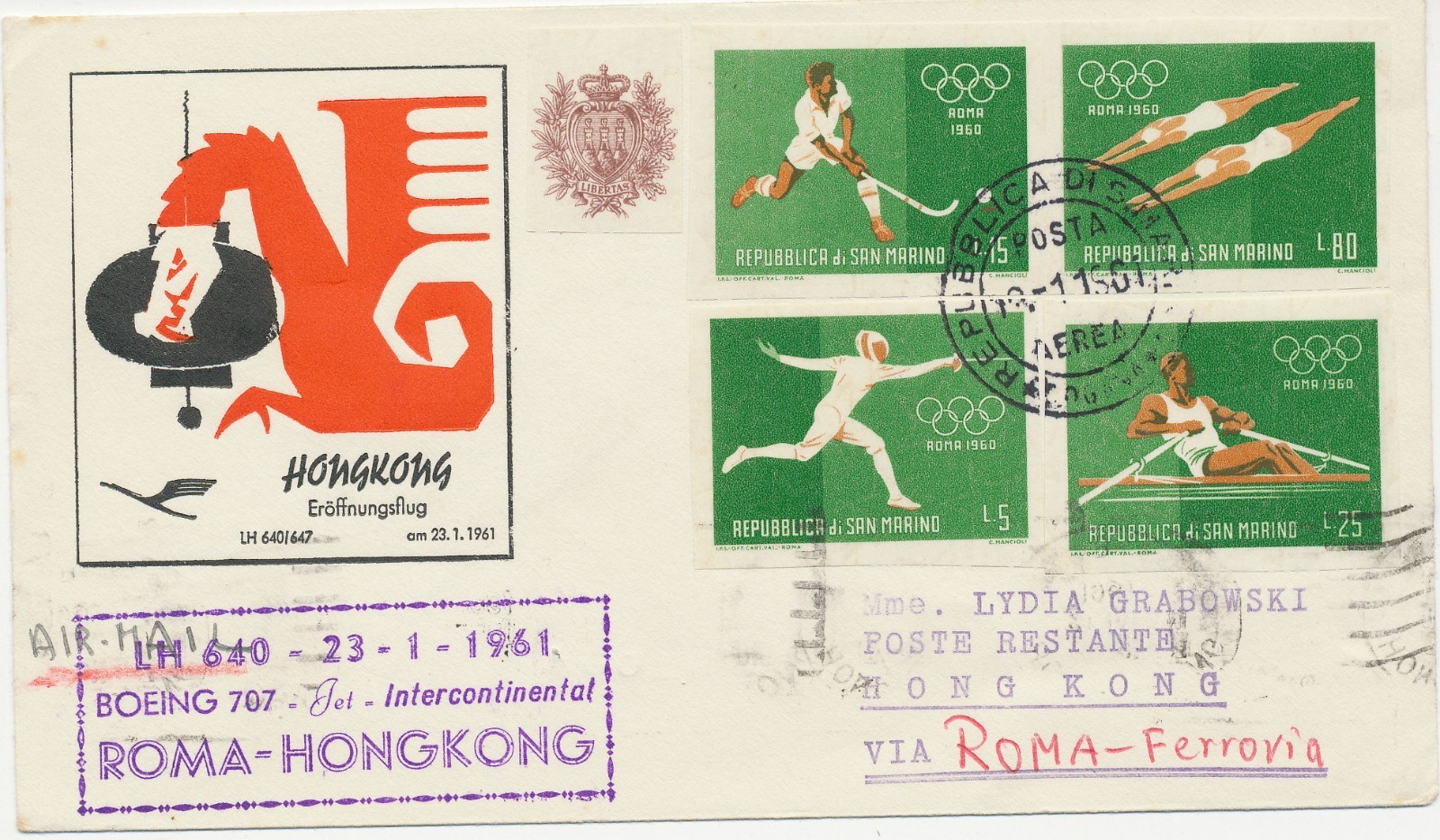 San Marino 1961 follower post transported with Lufthansa "Rome - Hong Kong" rare