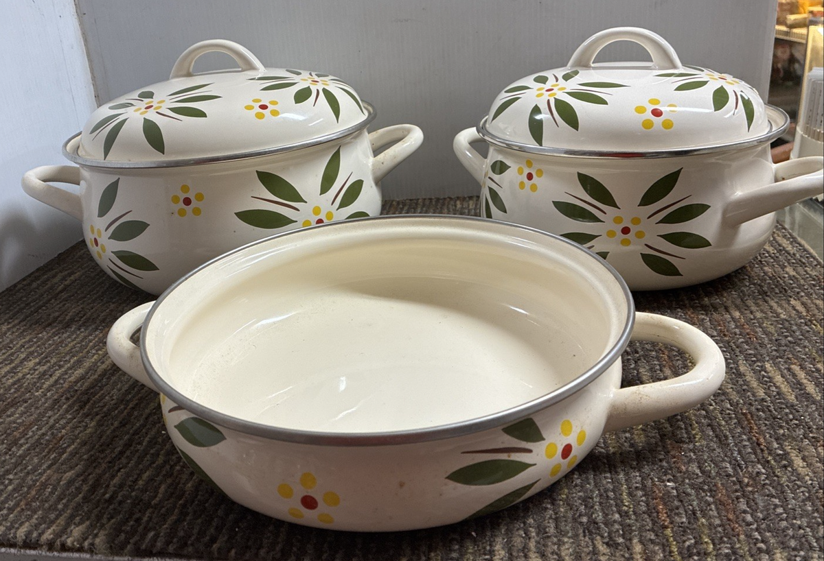 Temp-tations by Tara 5Pc Enamel Cookware Set Green Flowers Old