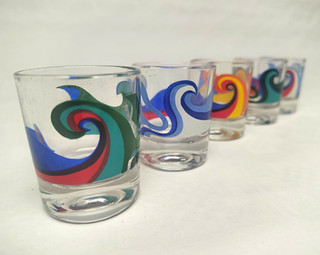 5er Set Schnapsgläser Orig. 70er Vintage Glas mehrfarbig abstraktes Wave Dekor