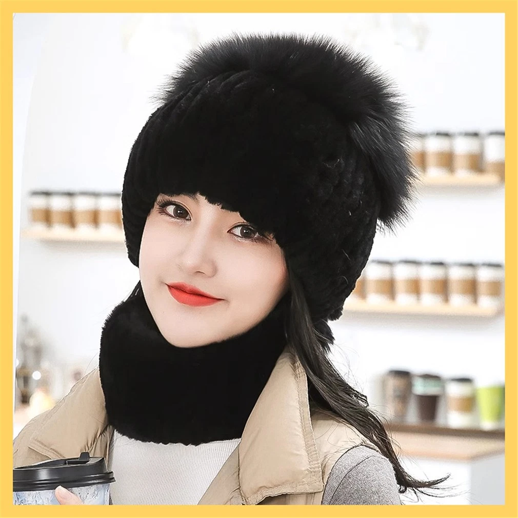 100% Real Rabbit Fur Hat and Scarf Thicken Winter Warm Knitted Cap for Women