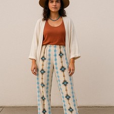 Vintage 90s Southwestern Aztec Print Pants Elastic Waist Boho Lounge Festival M