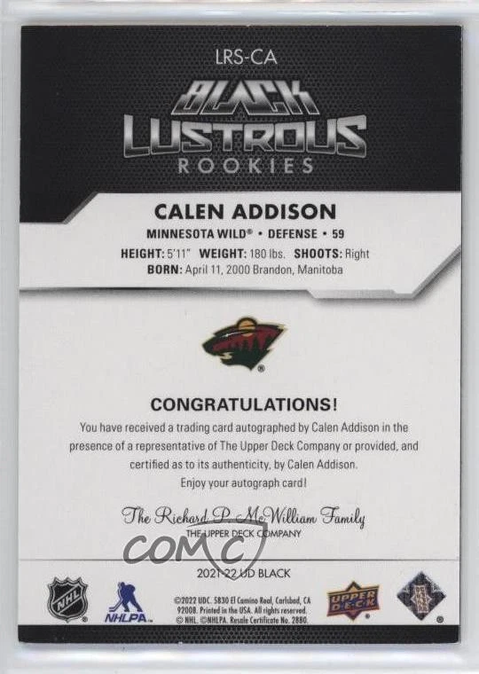 2021-22 SPx UD Black Lustrous Rookie Signatures Gold /25 Calen Addison Auto RC - Image 2 of 2