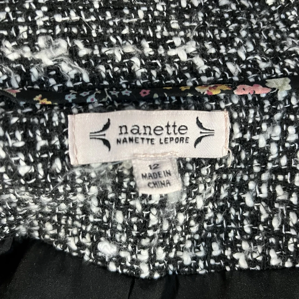 Blazer Nanette Lepore Tweed Doble Pecho Dorado Botón Negro Blanco Abrigo Mujer 12 Foto 3 de 4