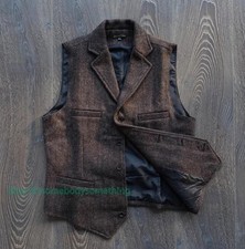 Vintage Mens Notched Collar Tweed Waistcoat Wool Blend Button Herringbone Vests