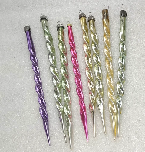 8 Vintage USSR Soviet Glass Icicle Christmas Ornaments Twisted Spire Xmas Tree