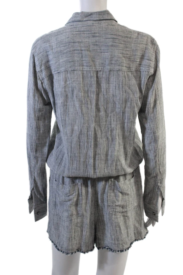 Splendid Womens Button Front Collared Striped Fringe Romper Blue Size Medium - Image 3 of 4