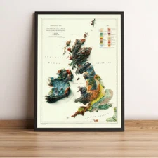 British Islands Map, England 2D Relief Map - 2D Flat Print